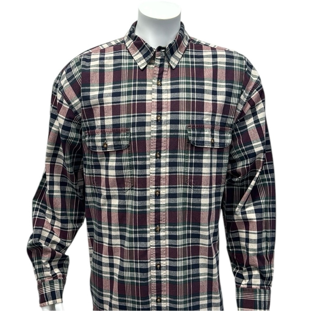 Eddie Bauer Burgundy Green Tan Plaid Flannel Long Sleeve Shirt XXL Tall - Long